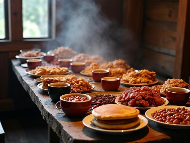 A rustic, communal spread of food in a logging camp cookhouse,
                            featuring large portions of simple, energy-rich foods like a pot of beans, thick-cut bacon, flapjacks, and coffee, emphasizing the rugged environment.